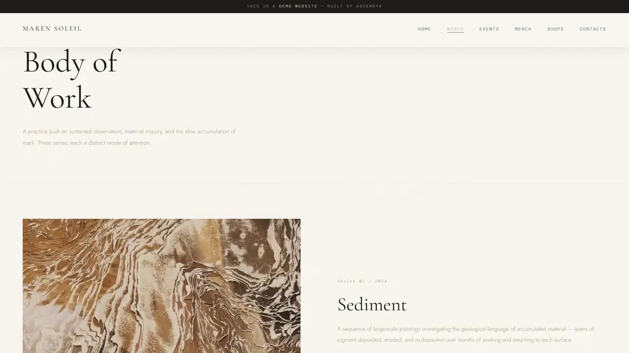 The Body of Work page, its title set large on a cream ground above a painting running to the edge of the frame