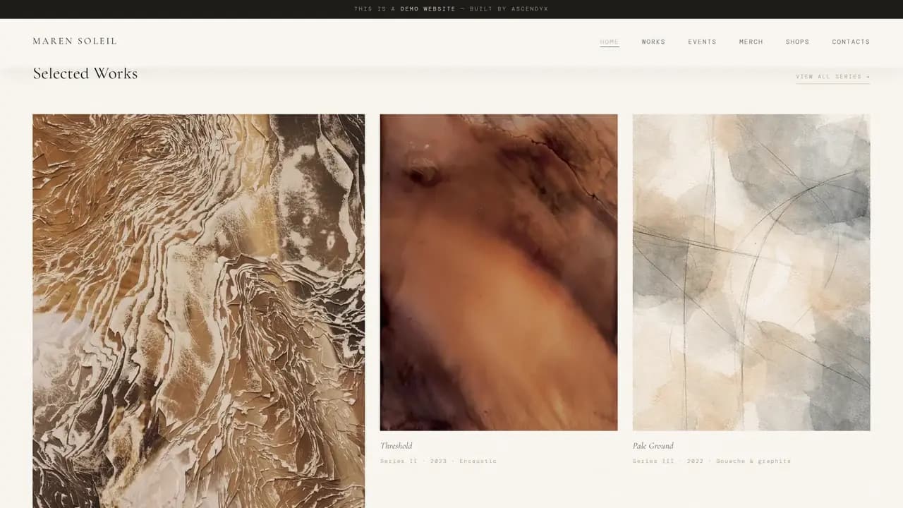 The selected works row on the home page, the three invented series shown side by side