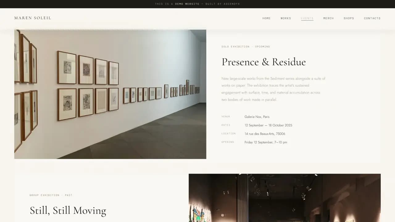 The exhibitions page, an invented solo show listed with its gallery, dates and opening beside a gallery view