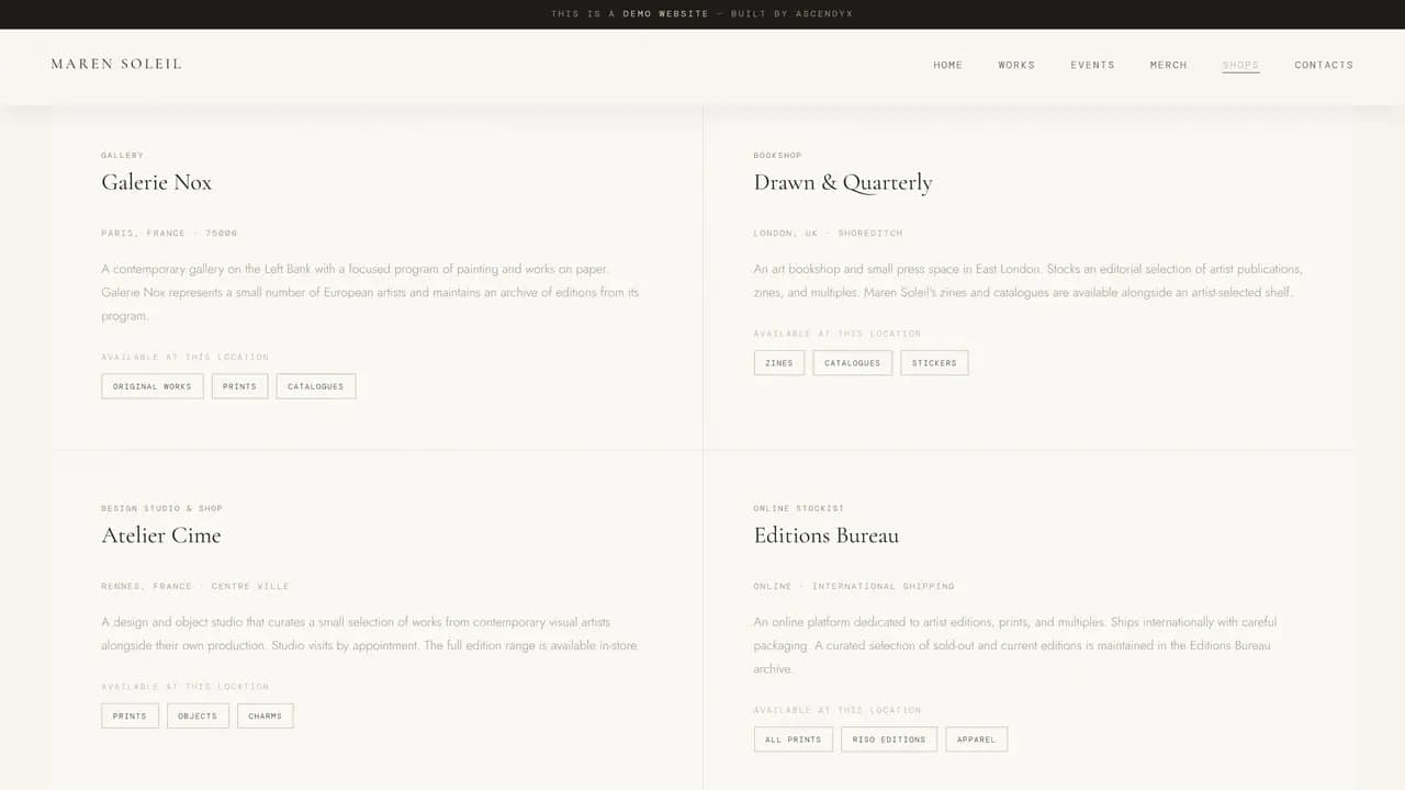 The stockists page, four invented spaces each listing what it carries