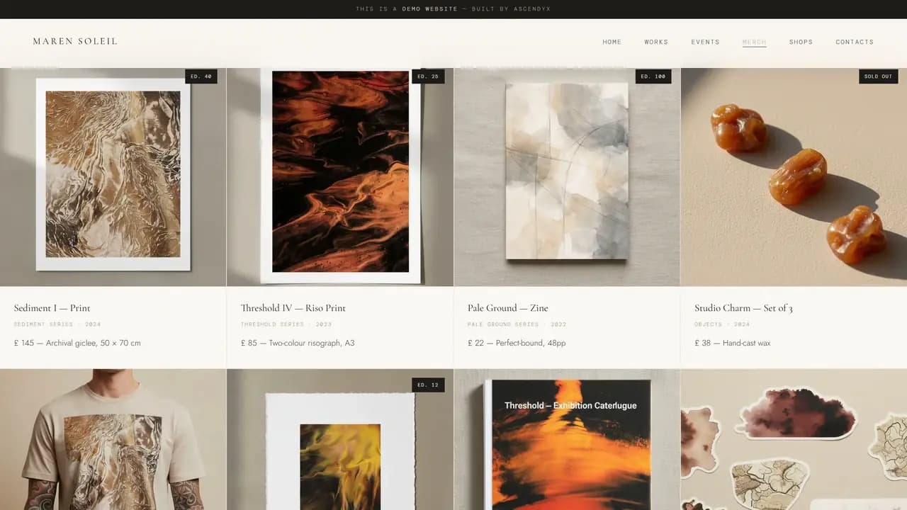 The editions page, a row of four objects each carrying its price and edition size