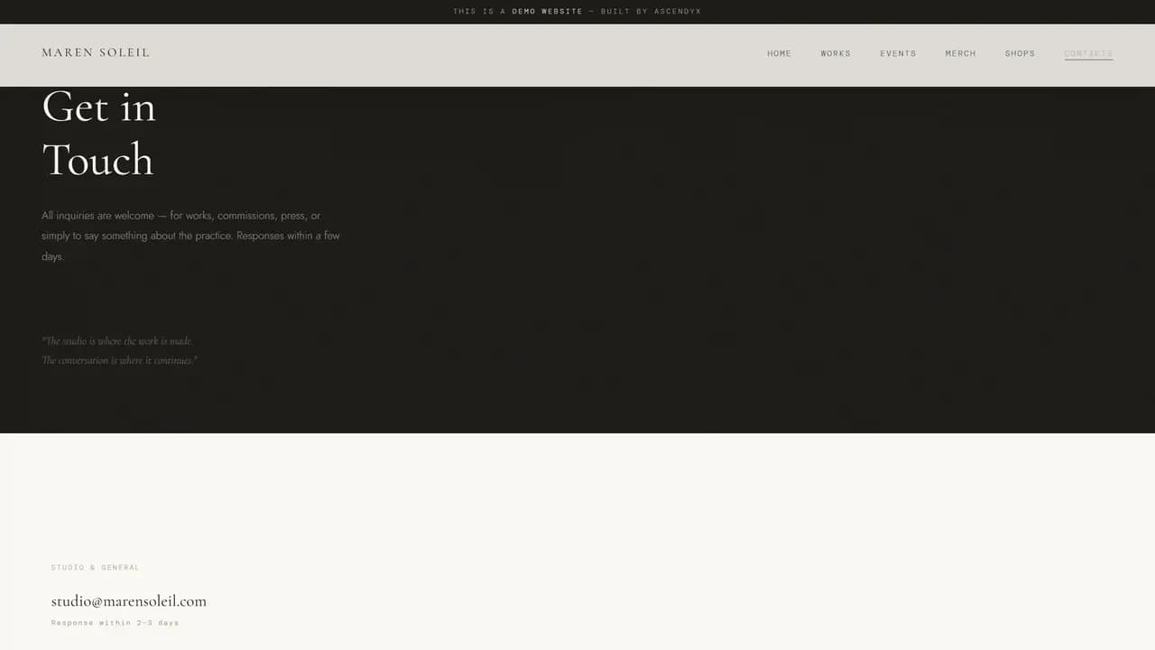 The contact page on the demo's dark ground, its heading set large above the studio addresses