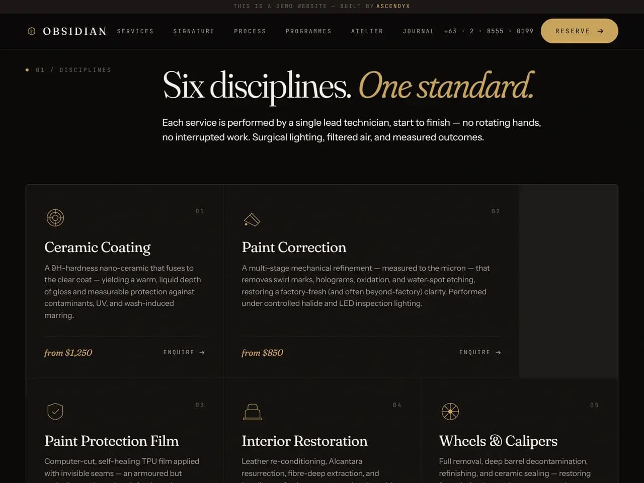 The disciplines section of the Obsidian demo, headed Six disciplines. One standard., with numbered cards for ceramic coating, paint correction and paint protection film, each in a serif title above a paragraph of description