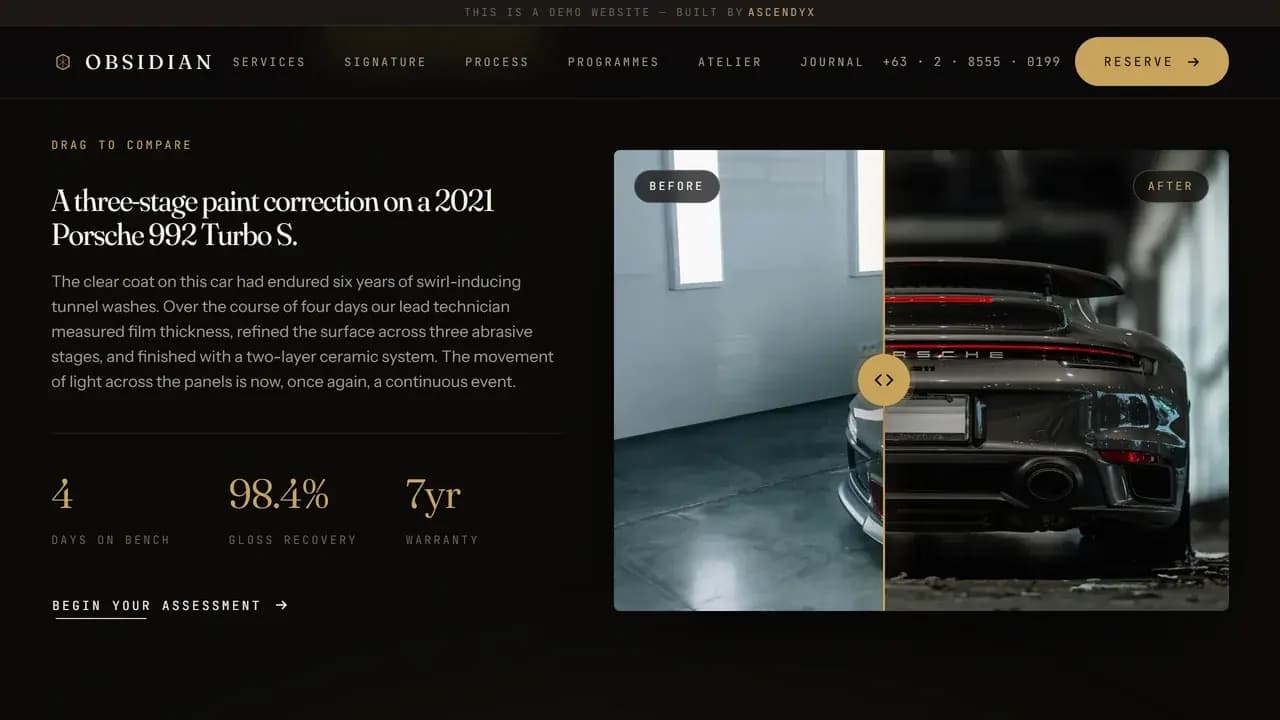 The signature section of the demo, headed Correction is an act of restraint., showing a before and after comparison of a car panel with a draggable handle parked partway across it and labels reading Before and After