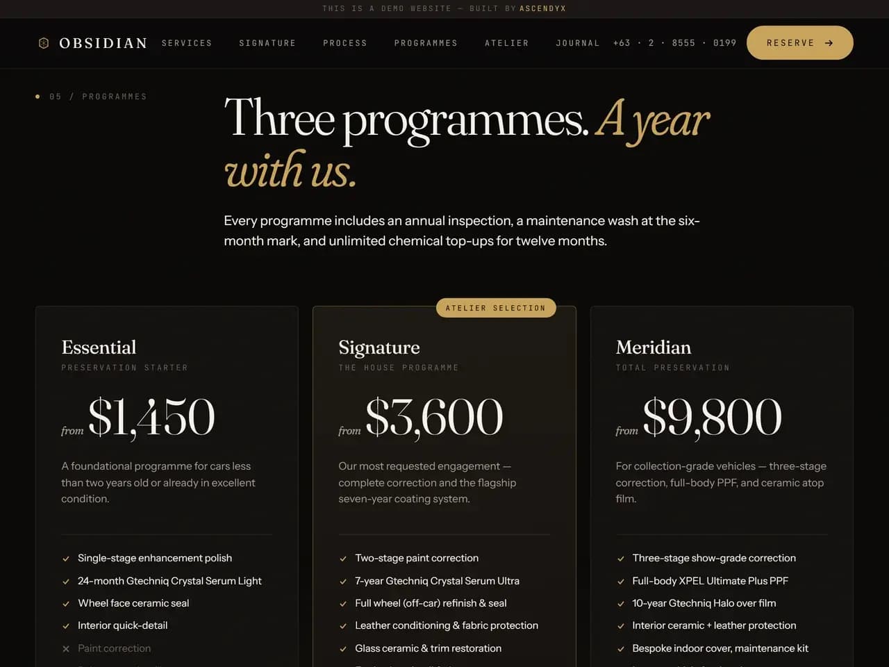 The programmes section of the demo, headed Three programmes. A year with us., with three columns named Essential, Signature and Meridian, each above a list of what the programme includes