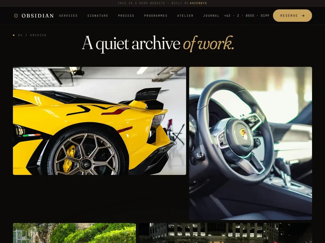The archive section of the demo, headed A quiet archive of work., an uneven grid of car photographs including a yellow supercar rear quarter and a car interior shot across the steering wheel