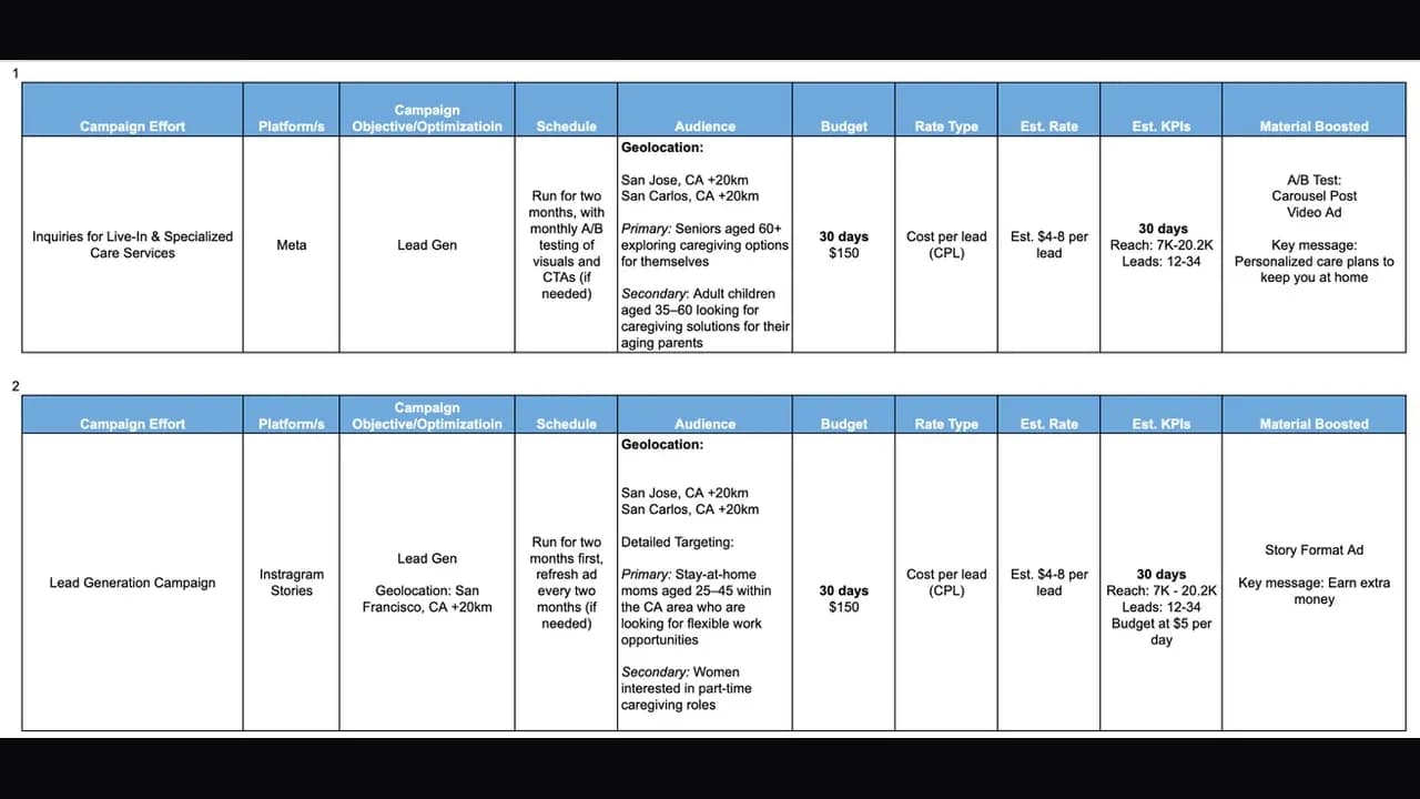 A campaign brief table with one row per campaign, listing platform, objective, schedule, audience, budget, rate type and expected results