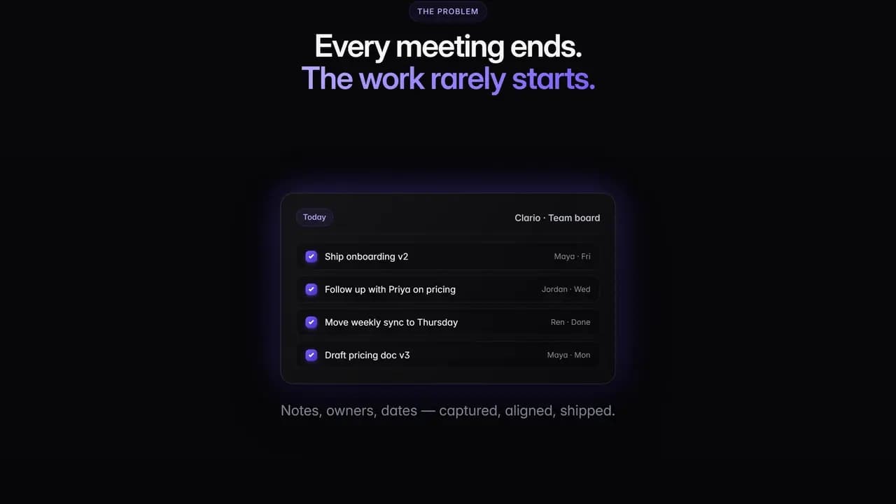 The demo's problem section, scattered handwritten notes resolving into a single team board where every task has an owner and a day