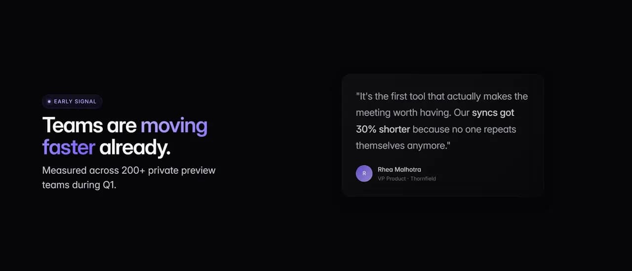 The demo's early signal section, a placeholder results claim beside a placeholder testimonial