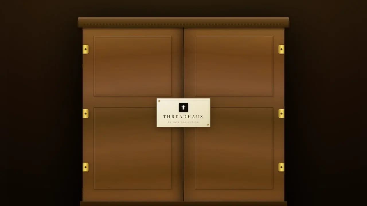 A pair of closed wooden wardrobe doors filling the screen, with a small brass plate between them carrying the ThreadHaus name