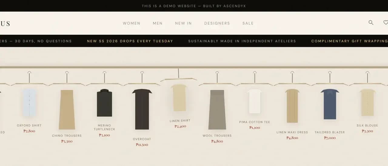 Drawn garments hanging from a rail on wooden hangers, each with its name and price beneath it, under a bar stating that this is a demo built by AscendyX