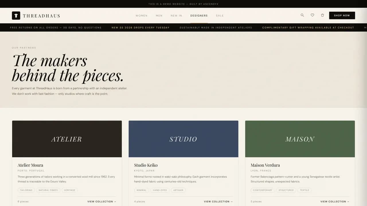 The Designers page of the demo, three invented ateliers with their cities and short biographies