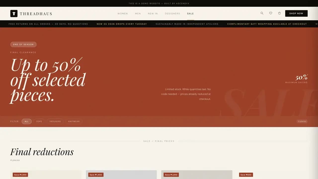 The Sale page of the demo, headed with a clearance line over a row of reduced garments