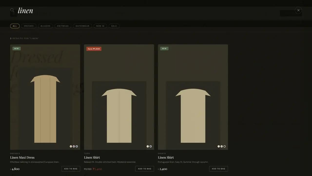 The search overlay of the demo open over a darkened page, with a typed query and three matching drawn garments