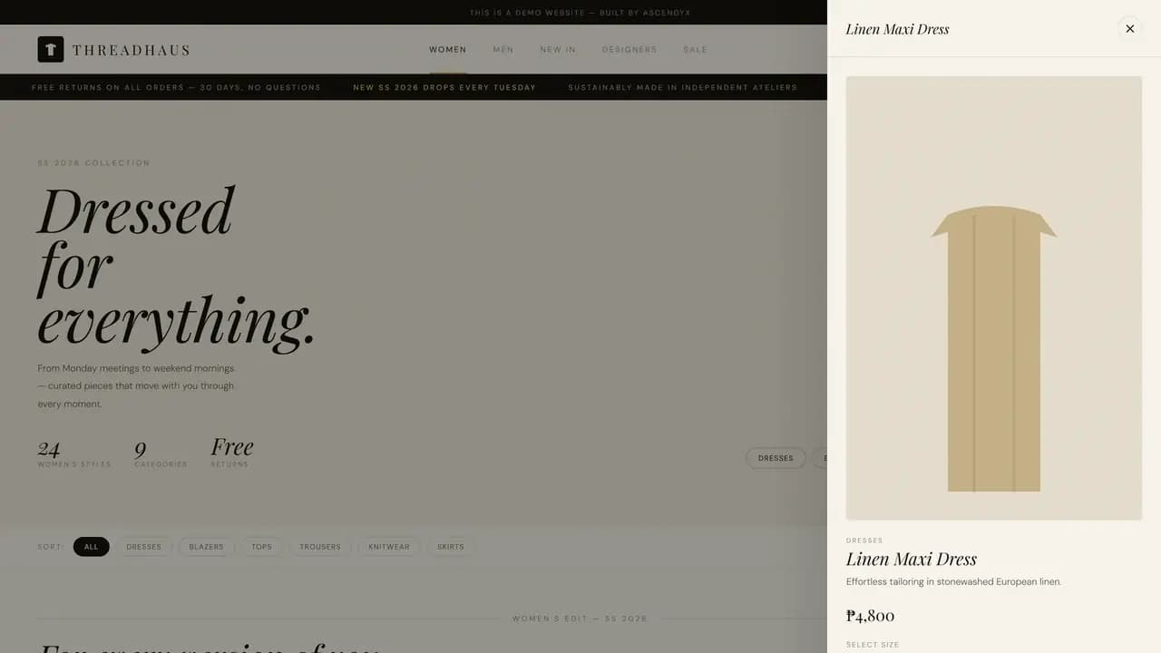 A quick view panel open over the women's page of the demo, showing one drawn garment at size beside its name and price