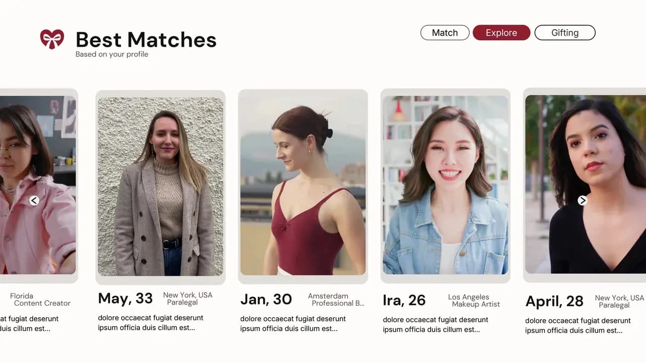 The Date Love Lust Explore tab showing a row of best match cards