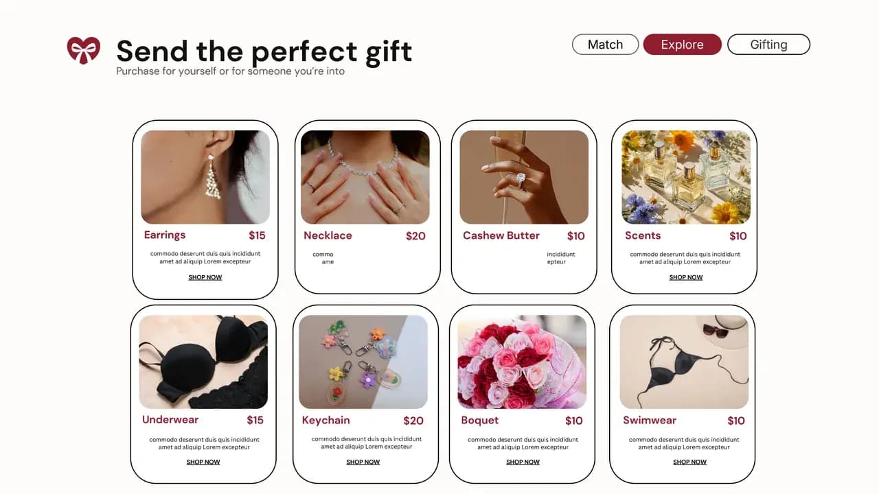 The Date Love Lust gifting shop, eight priced products under the heading Send the perfect gift
