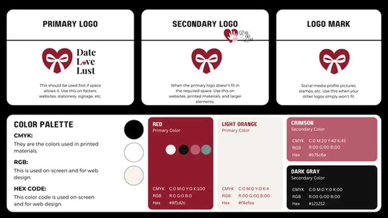 The Date Love Lust brand guideline: primary logo, secondary logo, logo mark, and the colour palette with hex codes