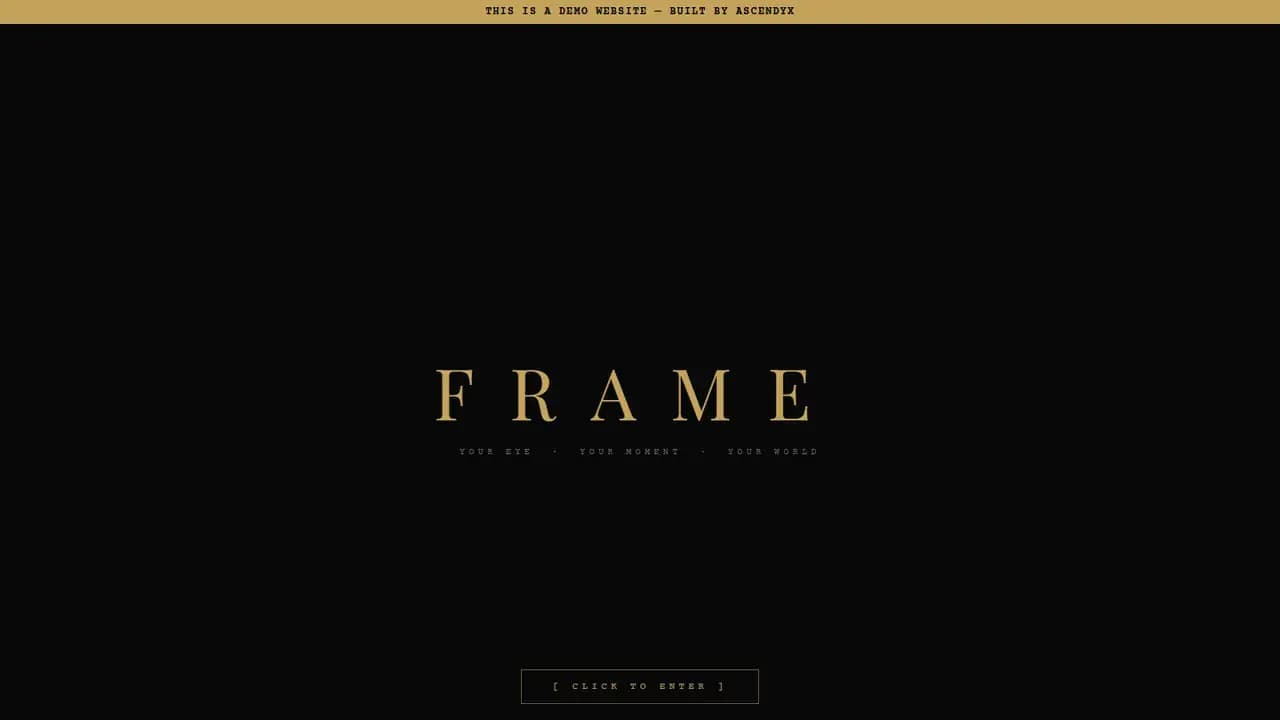 The demo's opening gate, the name set in gold on black above a bordered control reading click to enter