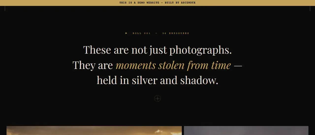 The demo's intro band, a roll and exposure label in mono type above a large italic line about photographs