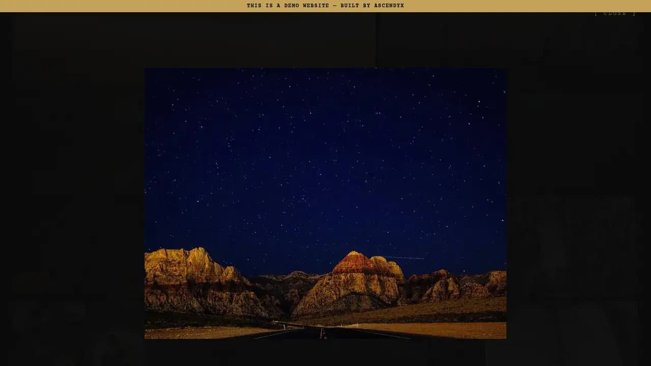 The demo's lightbox, one photograph of a night sky over rock open at full size above the dimmed gallery