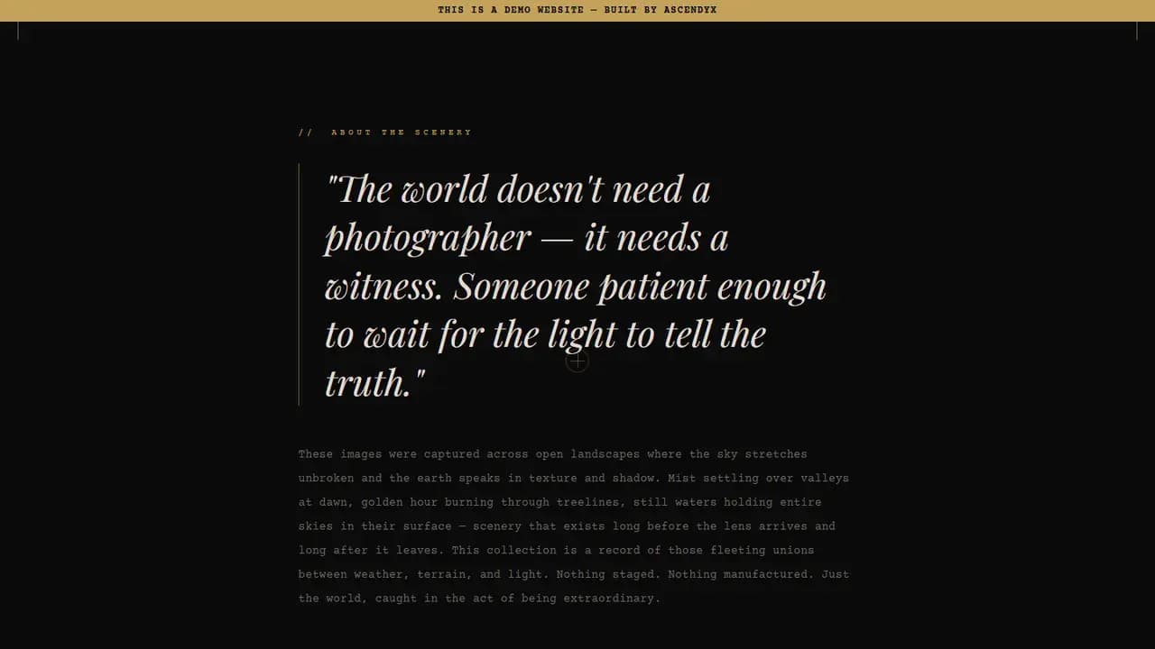 The demo's closing panel, a pull quote about photography above a closing paragraph