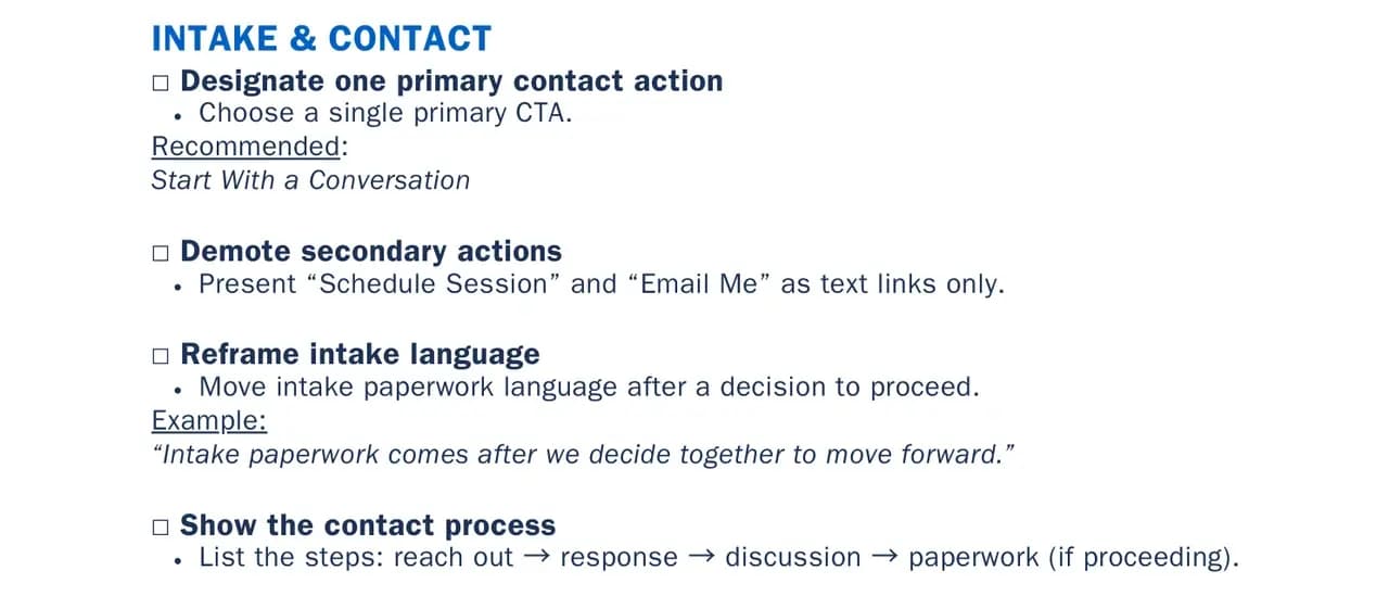 The intake and contact section of the review's implementation checklist, covering one primary action, demoted secondary actions and reframed intake language