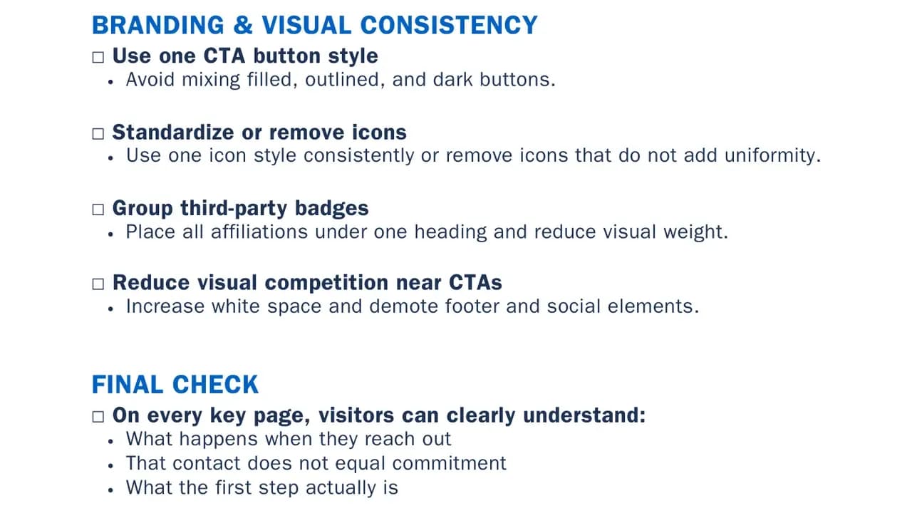The branding and visual consistency section of the checklist, followed by a final check listing what a visitor should understand on every key page