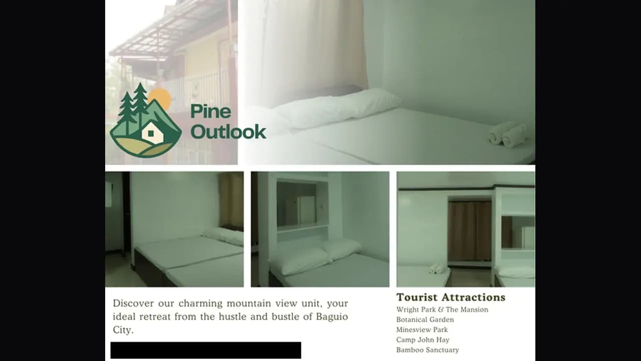 The Pine Outlook brand card: the logo beside four photographs of the studio unit, with the nearby attractions listed at the right