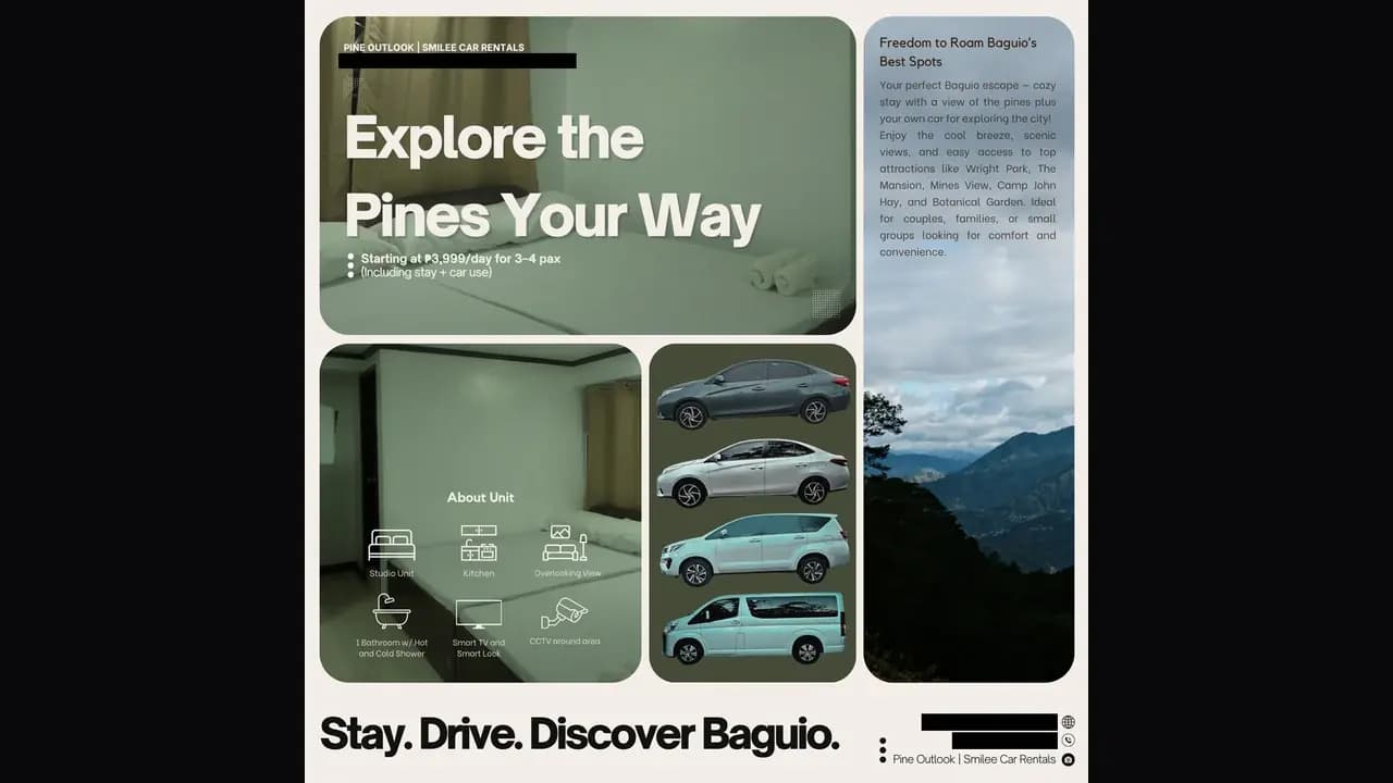 The stay plus car layout, headed Explore the Pines Your Way, with four rental vehicles and a panel of unit amenities
