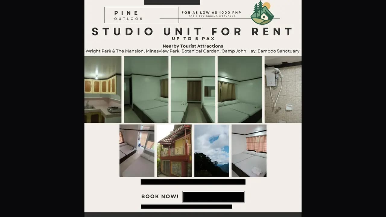 The studio unit rental sheet, nine photographs of the unit under the line Studio Unit For Rent, up to 5 pax