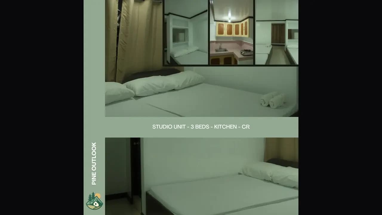 The Pine Outlook photo collage, headed Studio Unit, 3 beds, kitchen, CR