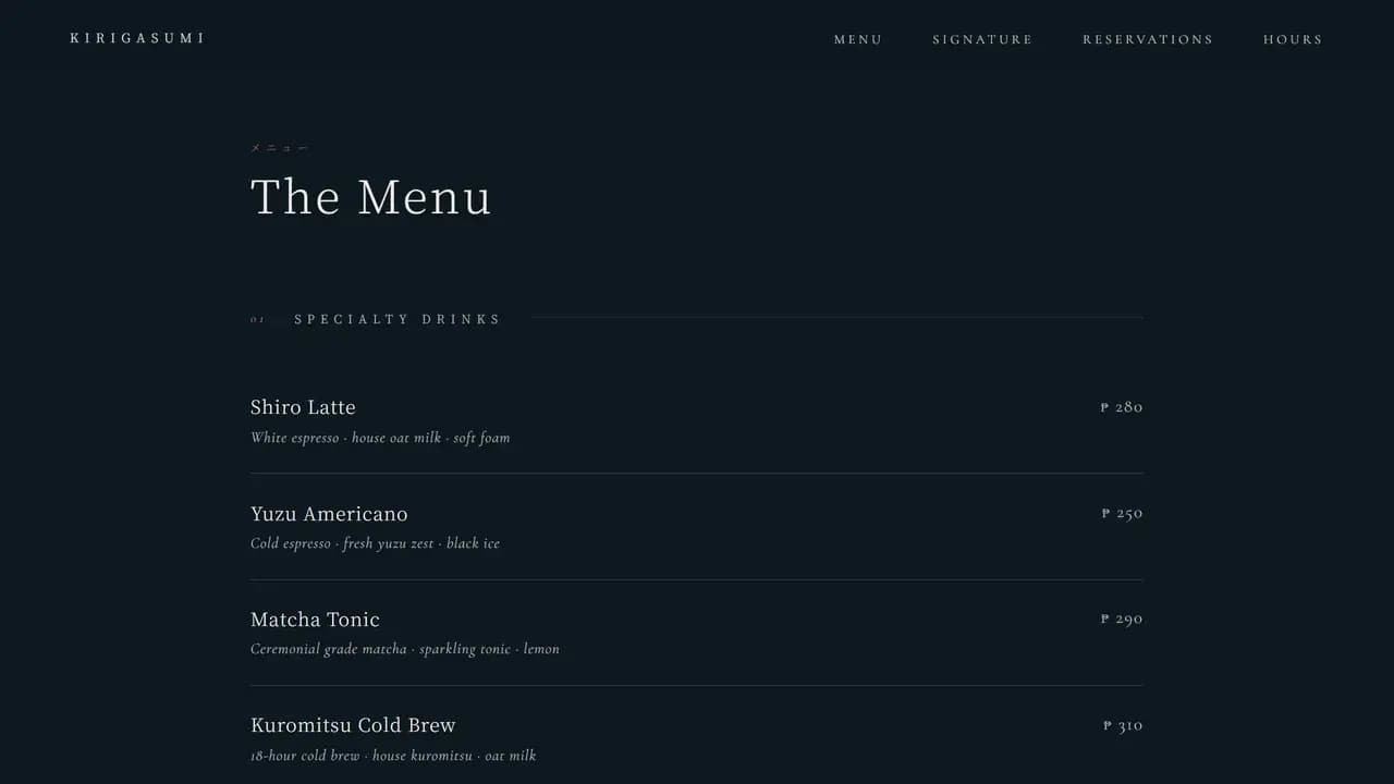 The menu section of the Kirigasumi demo, headed The Menu under a Japanese subtitle, opening on a numbered specialty drinks group where each drink carries a short description and a peso price