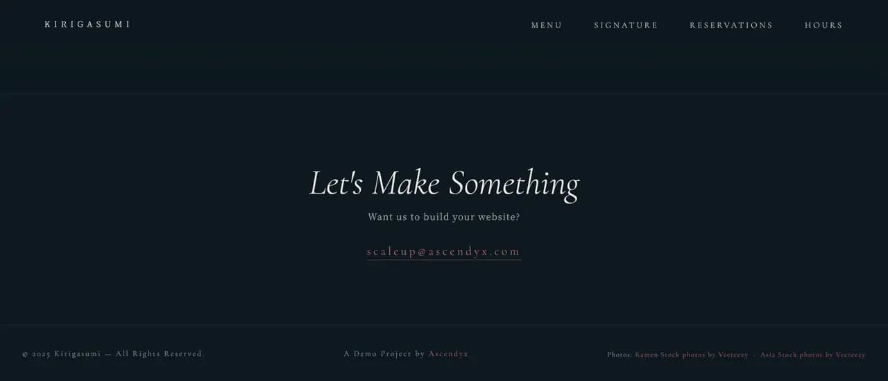 The end of the demo page, with a Let's Make Something block inviting website work above a footer reading A Demo Project by Ascendyx beside a photo credit line linking to two Vecteezy stock collections