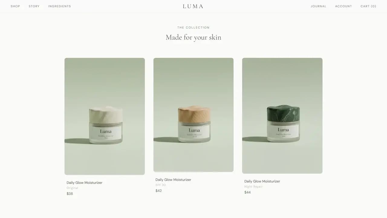 The shop section of the invented brand, three jars of the same moisturizer in a row with their names and prices below