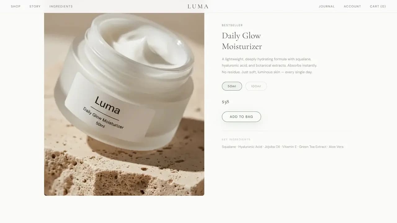 The product page, a large jar photographed on stone beside the ingredient list, a size choice and an add to bag control