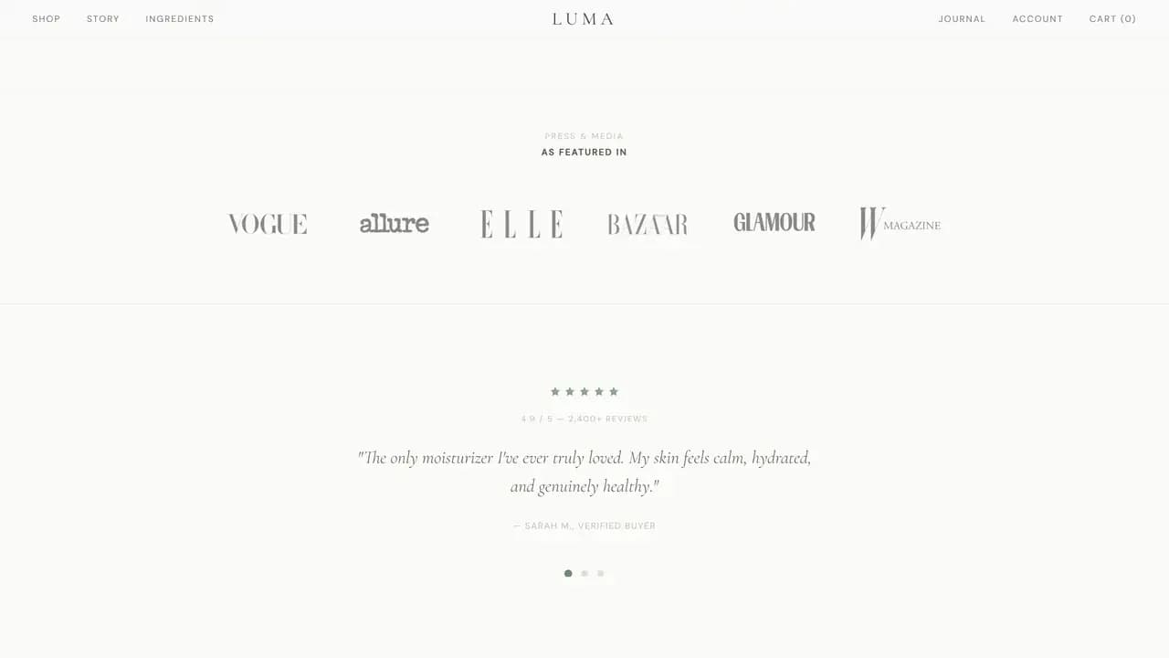 The demo's social proof row, magazine mastheads set in a quiet strip above a placeholder customer review