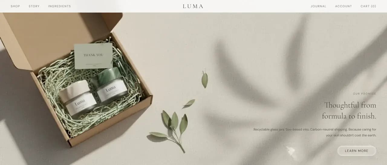 The brand story band, jars packed in a mailer with a card, beside a short promise about the packaging