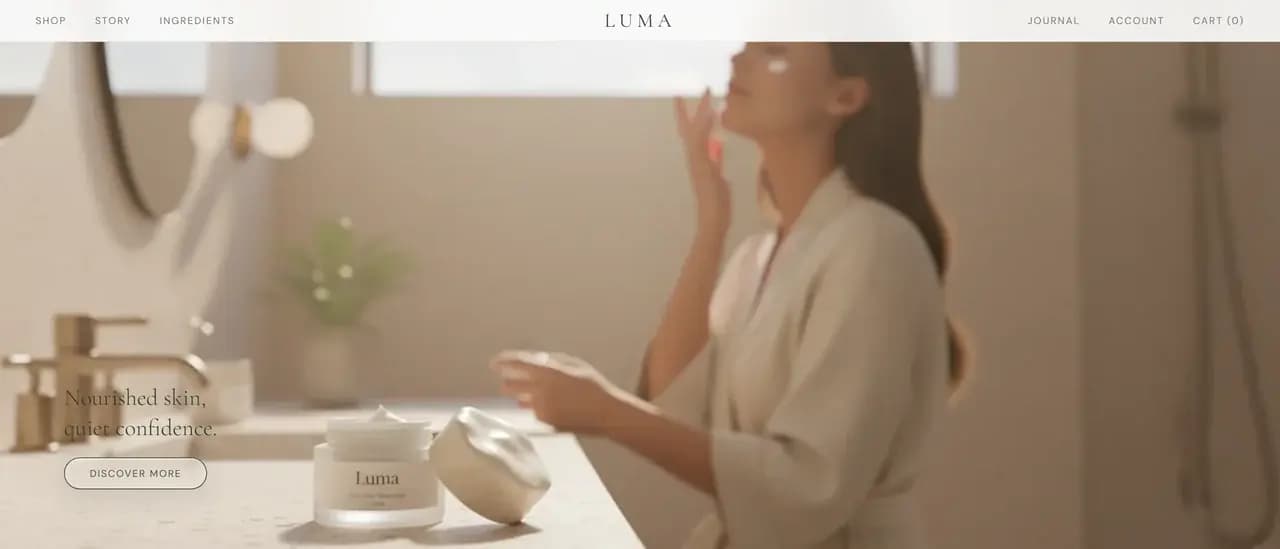 The lifestyle band, a generated photograph of someone applying the moisturizer in a bathroom, with the brand line set over it