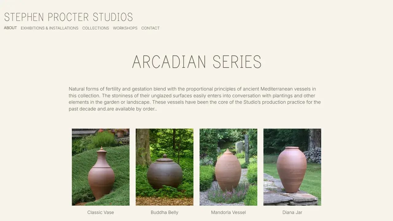 A collection page on stephenprocter.com, vessels photographed among planting