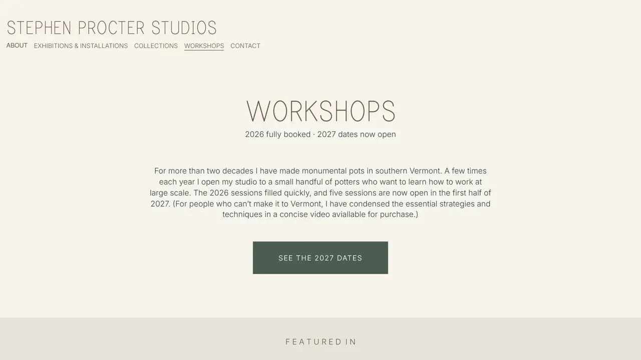 The workshops page on stephenprocter.com
