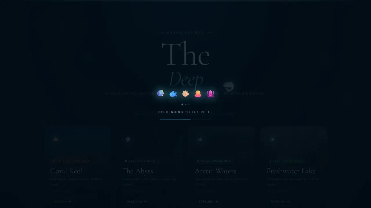 The loading screen partway through, reading Descending to the reef above a thin progress line, with the home page dimmed behind it