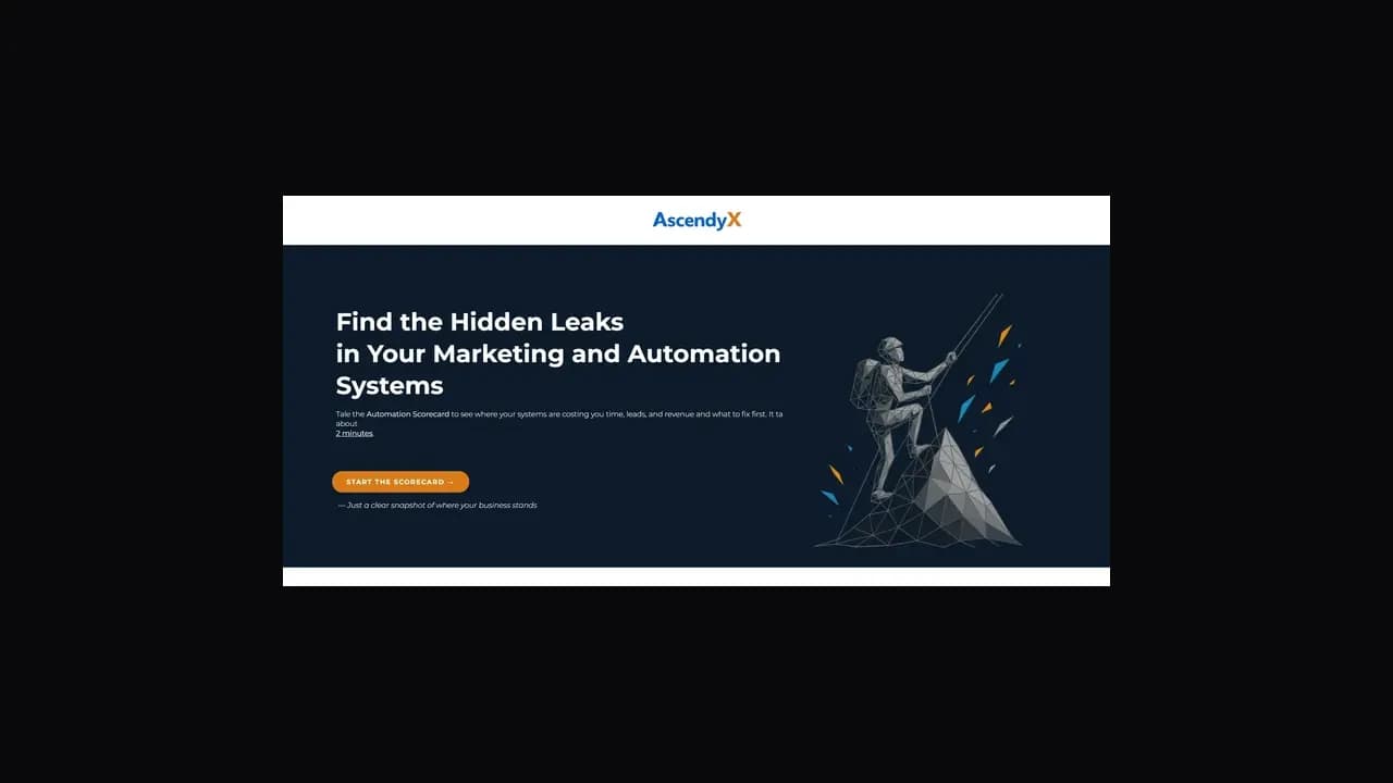 The AscendyX Automation Scorecard landing page, headed Find the Hidden Leaks in Your Marketing and Automation Systems