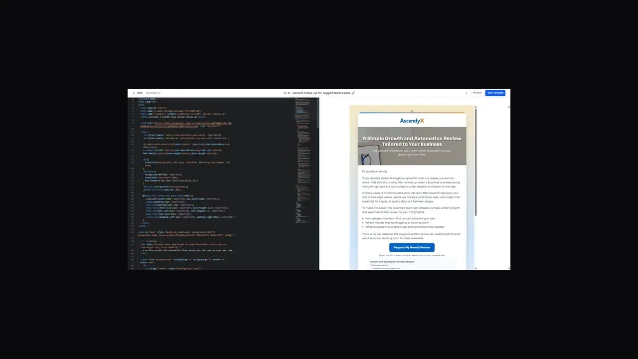 An AscendyX email template open in the GoHighLevel builder, the hand written HTML on the left and the rendered email on the right