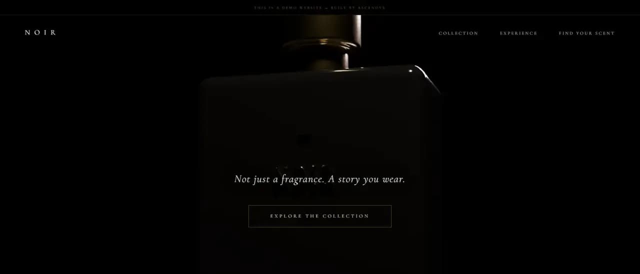 The bottle at the end of the sequence, a closing line of type above a control leading into the collection