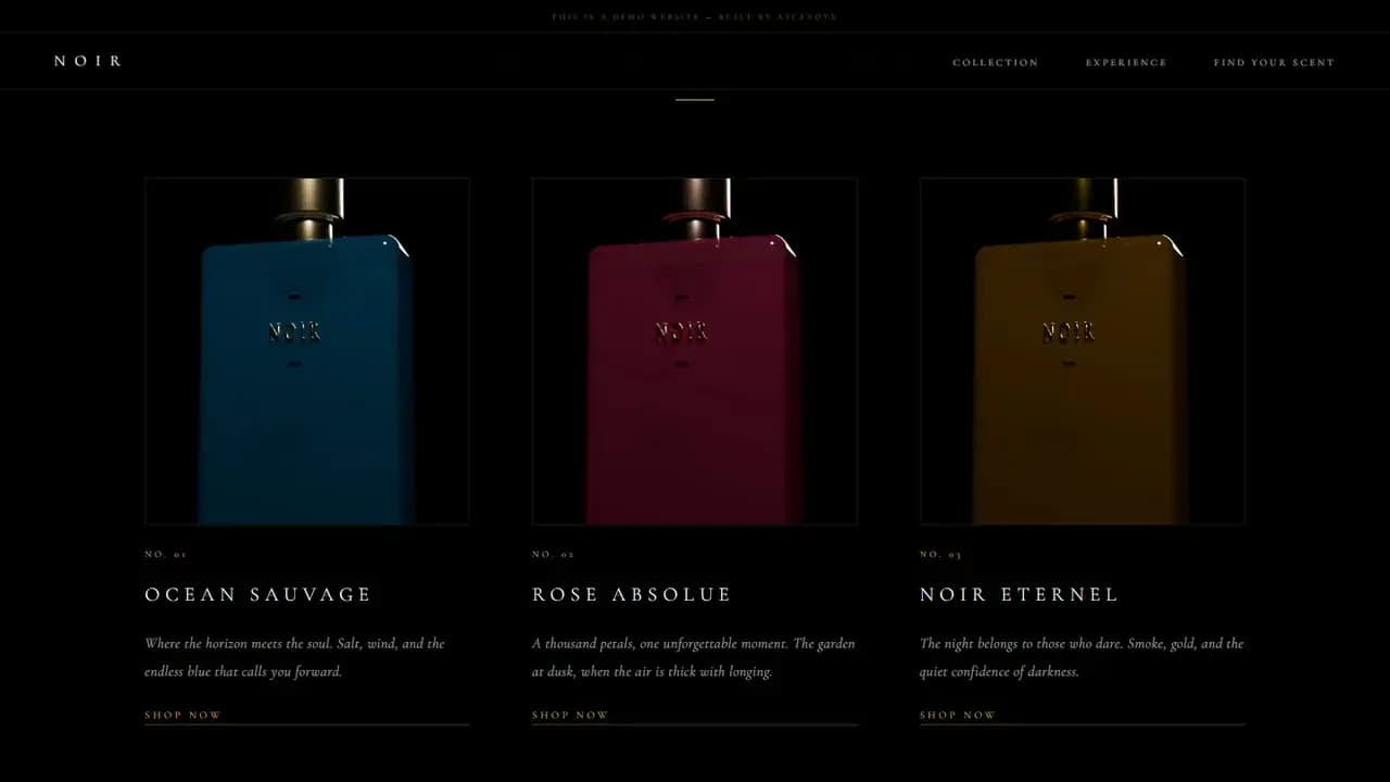 The collection row, the same bottle rendered in blue, red and gold with its name and description under each
