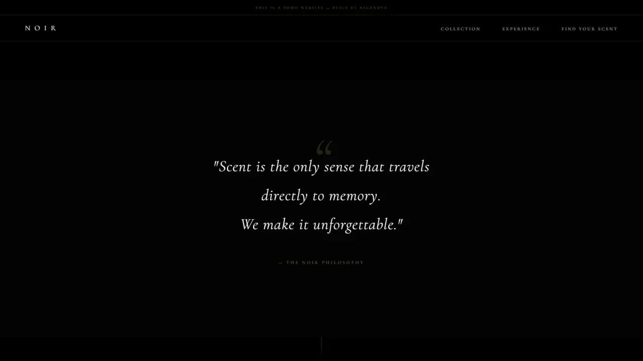 The demo's quote screen, three lines of italic type about scent and memory credited to the brand