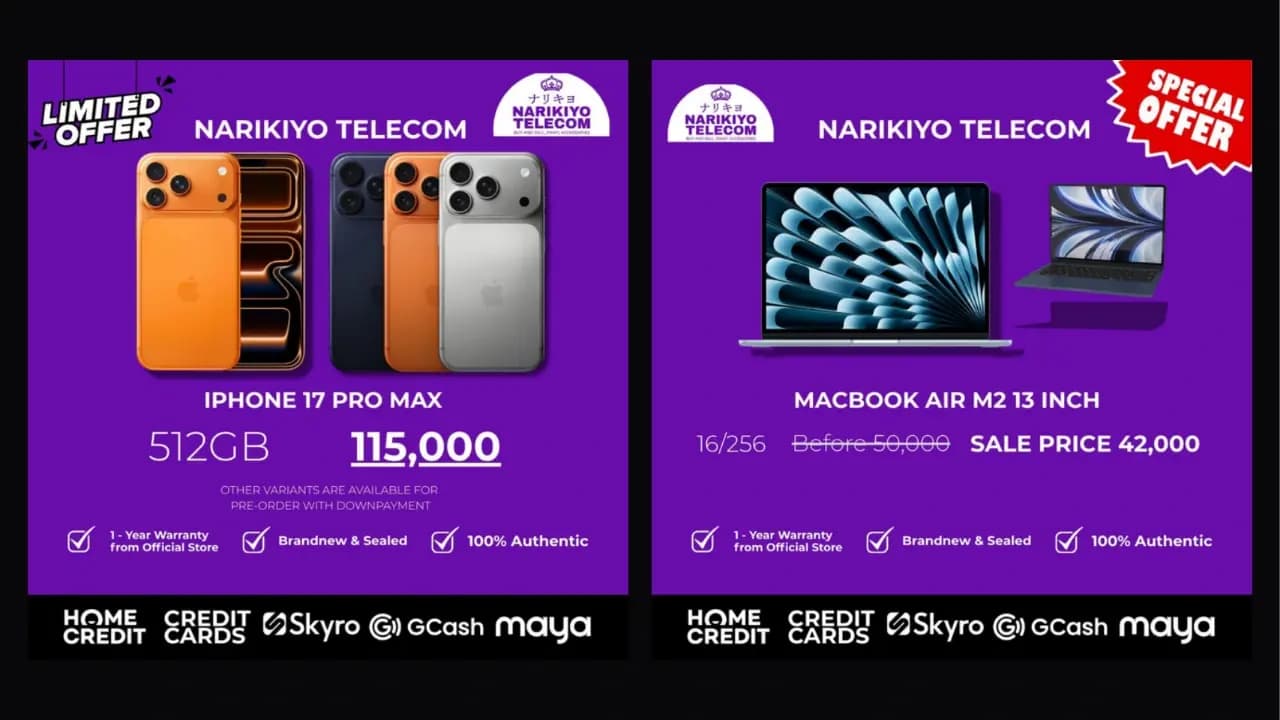 Two Narikiyo Telecom ad graphics, one for an iPhone 17 Pro Max and one for a MacBook Air